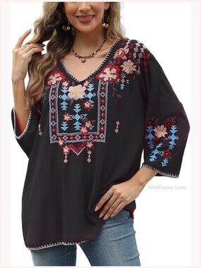 Mexican Embroidered 3/4 Sleeve Boho Blouse Plus Size Loose Peasant Top